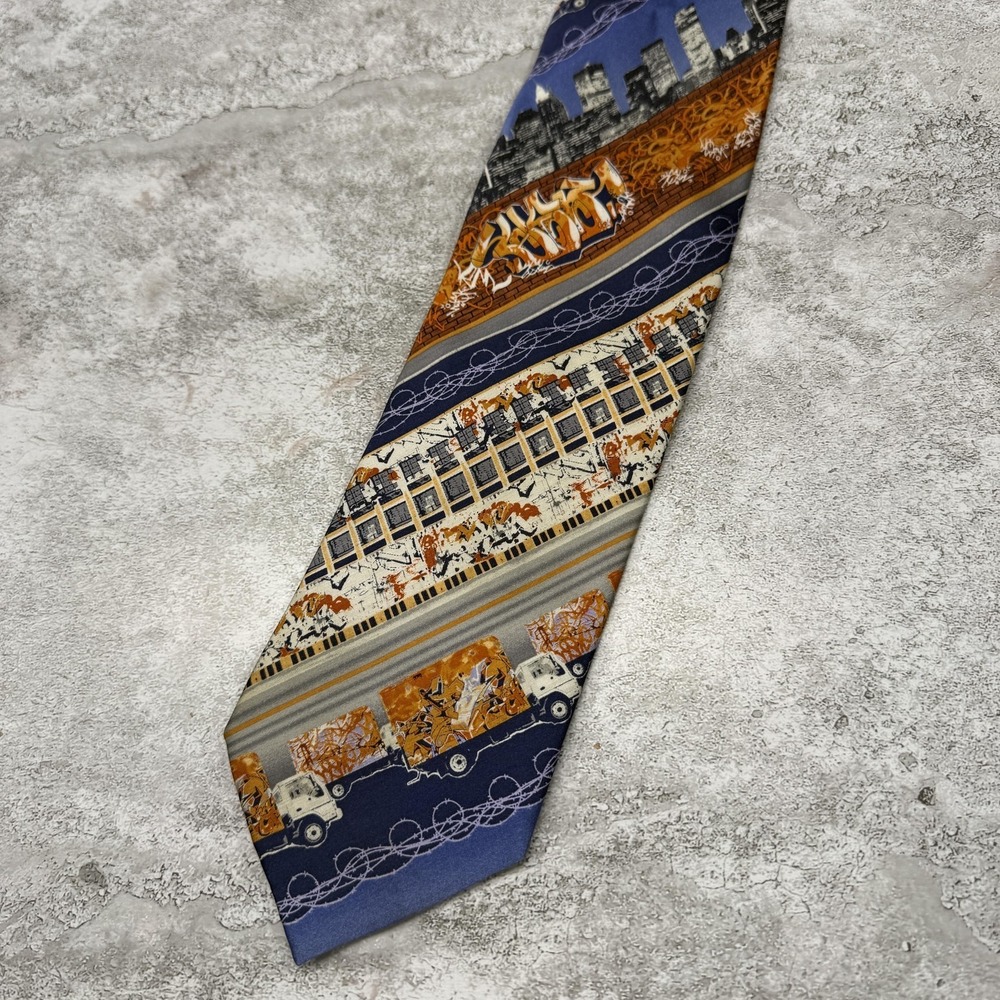 GraffiTie Silk Tie Mens Blue Striped 100% Silk Necktie Truck Skyline 3.5" Width